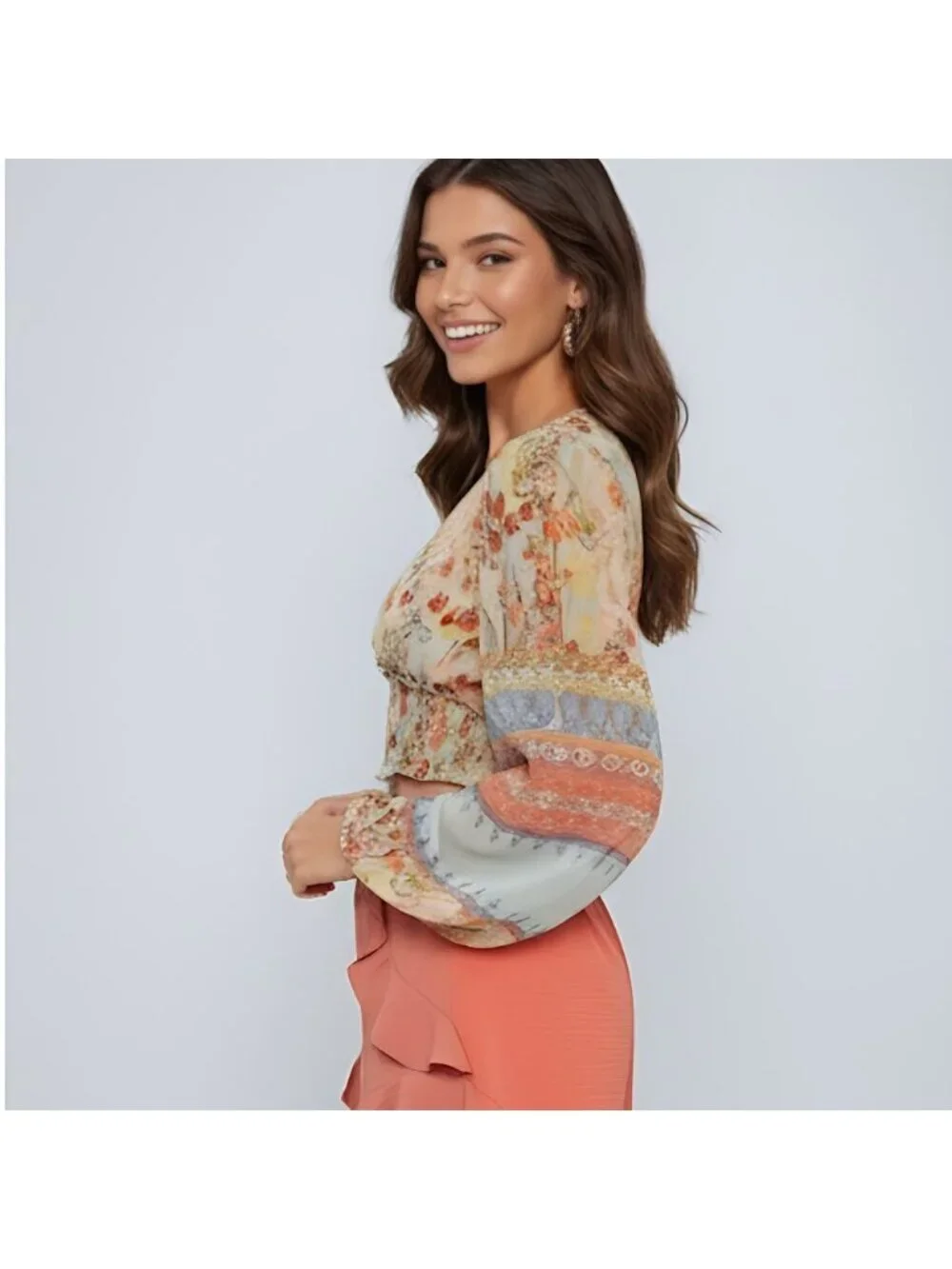 Lantern Sleeve Frilled Shirred Panel Floral & Paisley Print Top - Picture 3 of 10